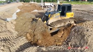 Perfectly Bulldozer Push Spreading Stones Delete On The Sewer Completed & Dump Trucks Dumping Stones