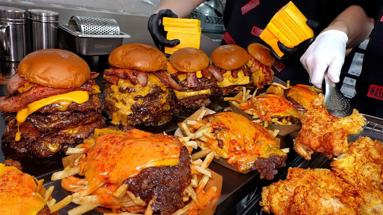 Настоящий американский чизбургер, приготовленный при температуре 200 градусов! Корейская уличная еда