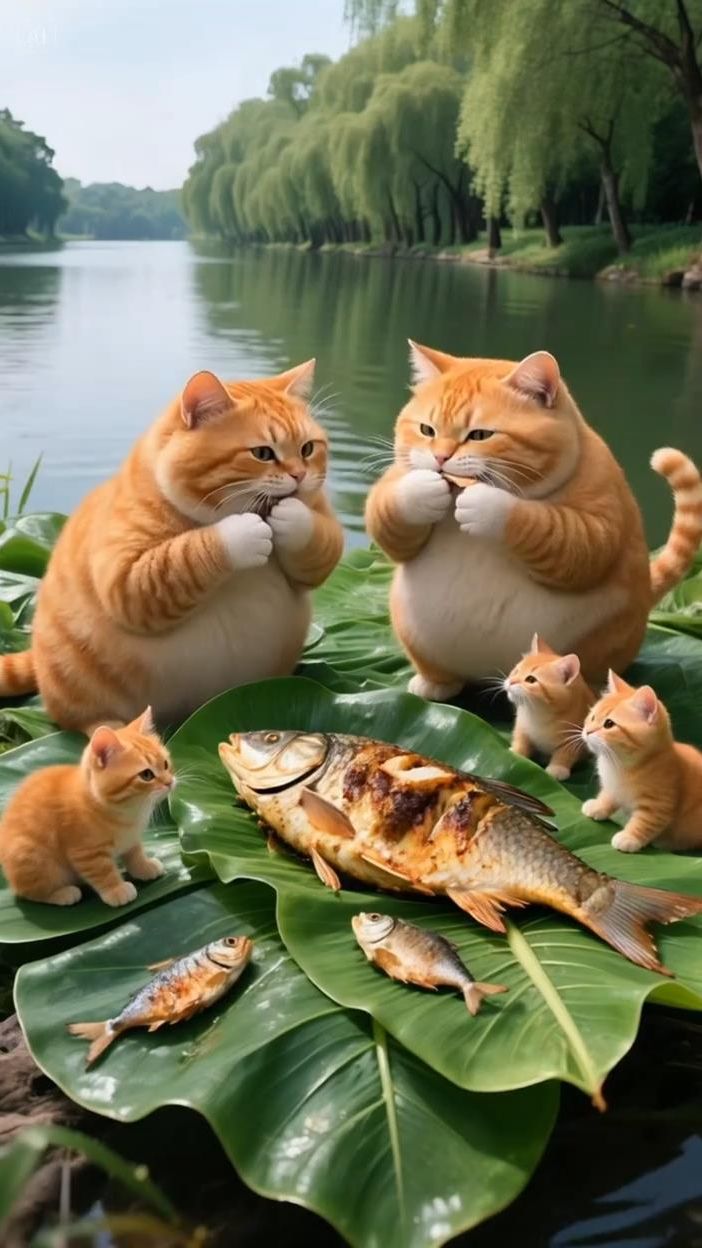  Нейровидео: рыжие кисы с котятами на пикнике  когда Мяу-Бургер вкуснее всего! 