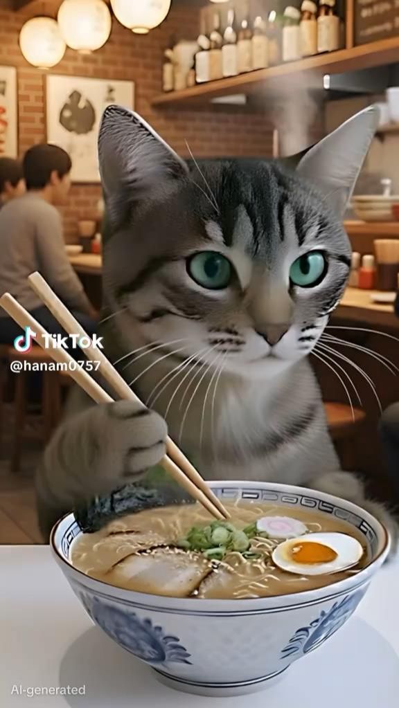  Нейровидео: киса пробует суп с китайской лапшой  кулинарный баттл века! 