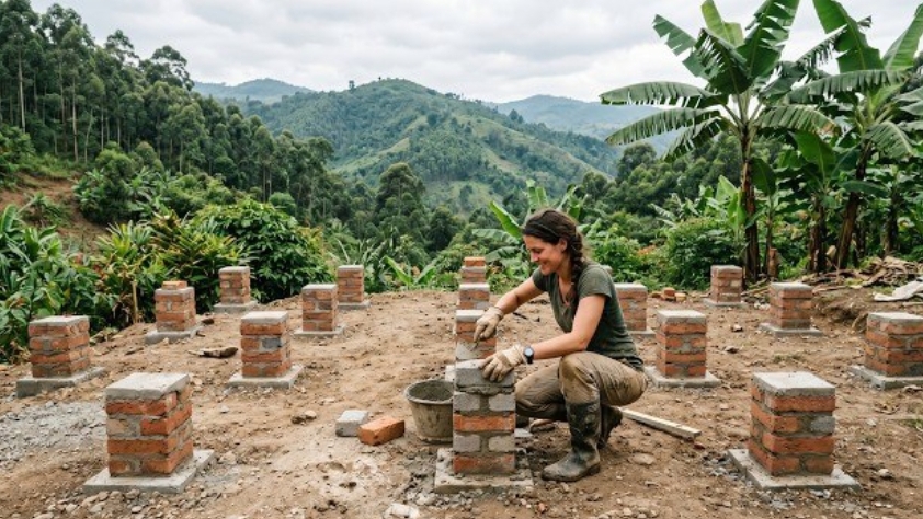 Девушка строит домик в одиночку, от фундамента до крыши.