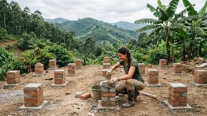 Девушка строит домик в одиночку, от фундамента до крыши.