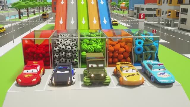 Изучаем фрукты и цвета с помощью машины скорой помощи и экскаватора — Машины с гаражами