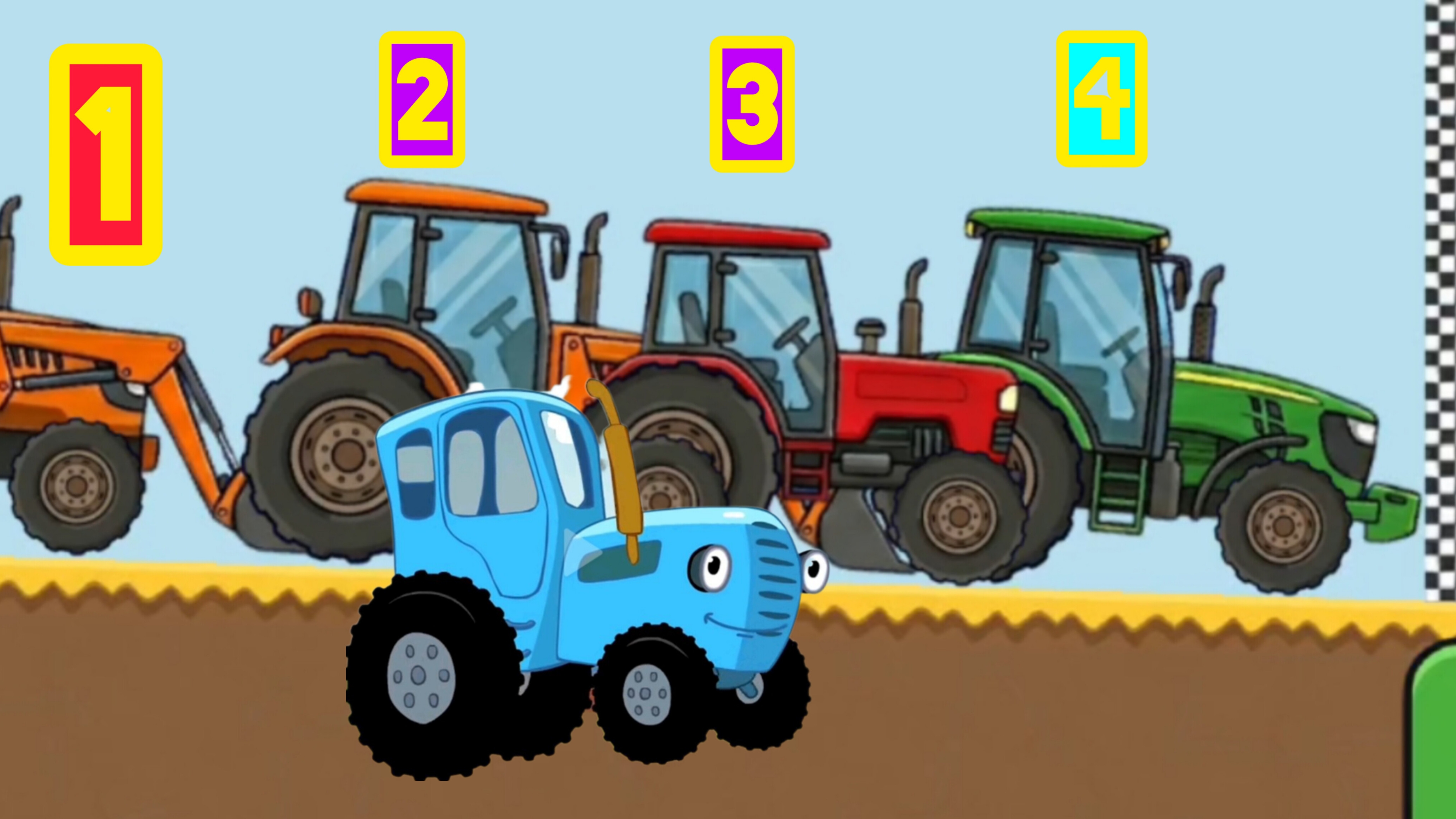 Синий трактор и гонки с друзьями среди тракторов.