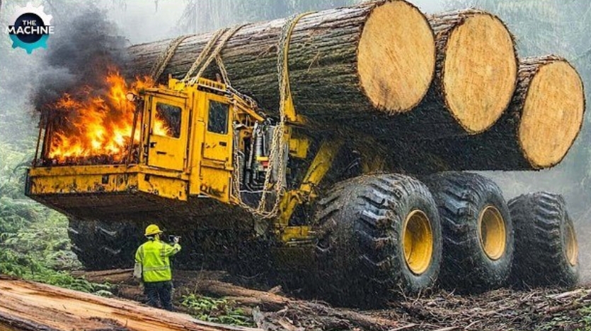 Тяжёлая работа, тяжёлой техники на лесоповале.