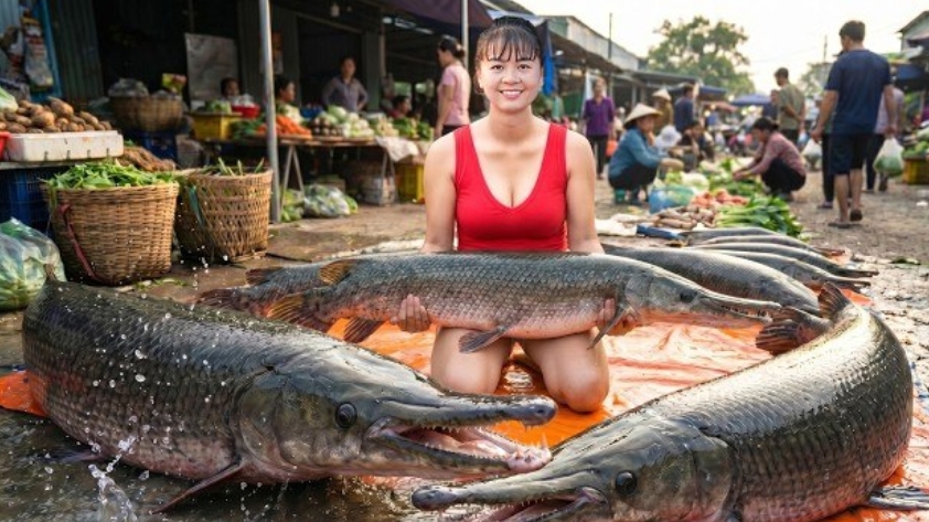 Таймлапс. Ловля крупной рыбы для продажи на местном рынке.