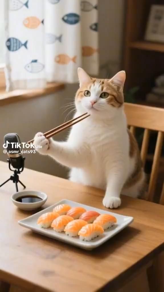 🐱 Нейровидео: киса с аппетитом ест суши — роллы не спасёт даже васаби! 🍣