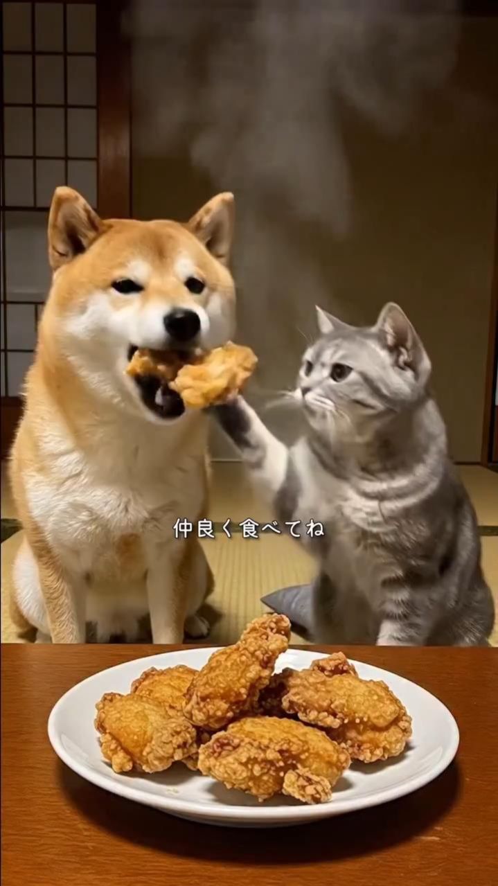  Нейровидео: Акита-ину и киса едят куриные грудки из одной миски! 