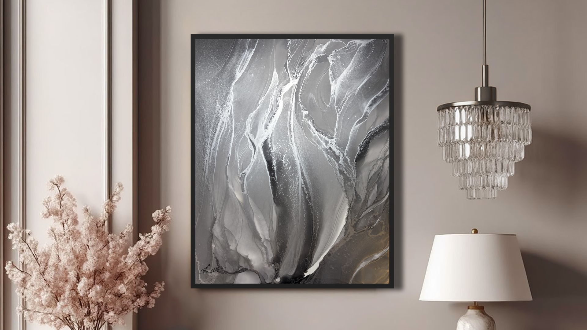 Серая интерьерная картина-абстракция, мрамор с серебром «Ботаника Monochrome Mini Solo»