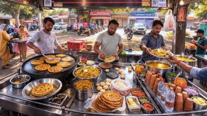 Круглосуточные распродажи Aloo Paratha в самом оживленном уличном продуктовом киоске Индии