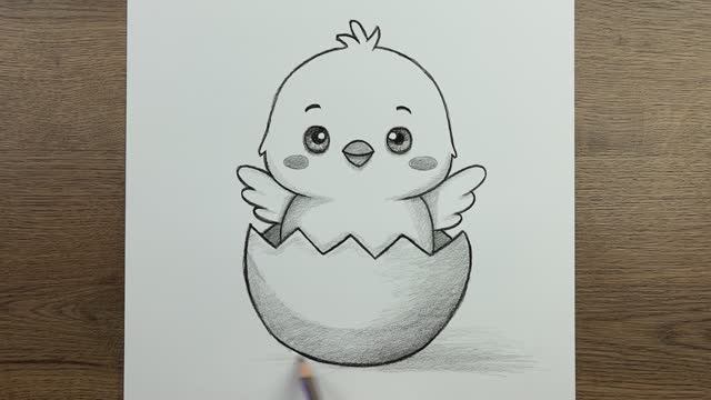Как нарисовать милого цыплёнка шаг за шагом карандашом, очень легко