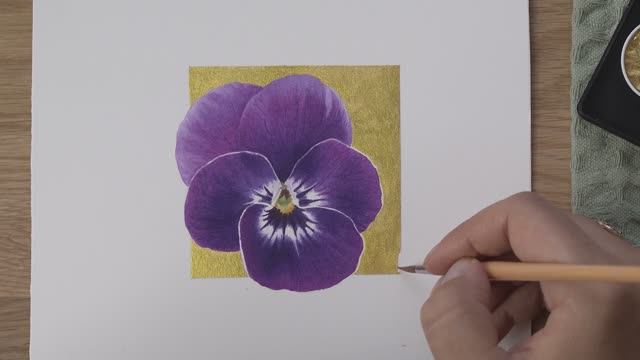 Мастер-класс по акварельной живописи «Фиолетовая анютина глазки» 🌸 Рисуем на золотом фоне