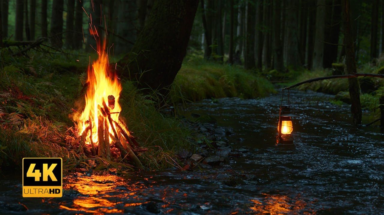 🔥 4K КОСТЁР И ФОНАРЬ У ТЕМНОЙ РЕКИ 🌲🌊