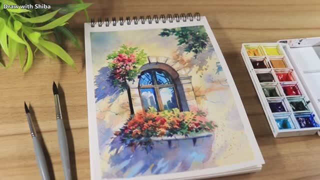 Акварельный рисунок «Красивое цветущее дерево и простое окно»