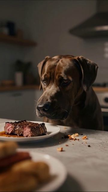 Собака наслаждается стейком #собаки #еда #друзья