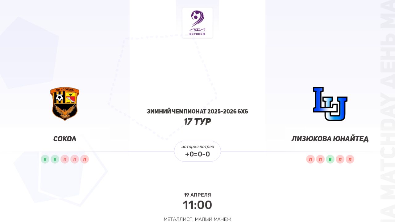Сокол × Лизюкова Юнайтед.  Зимний Чемпионат 2025-2026 6х6