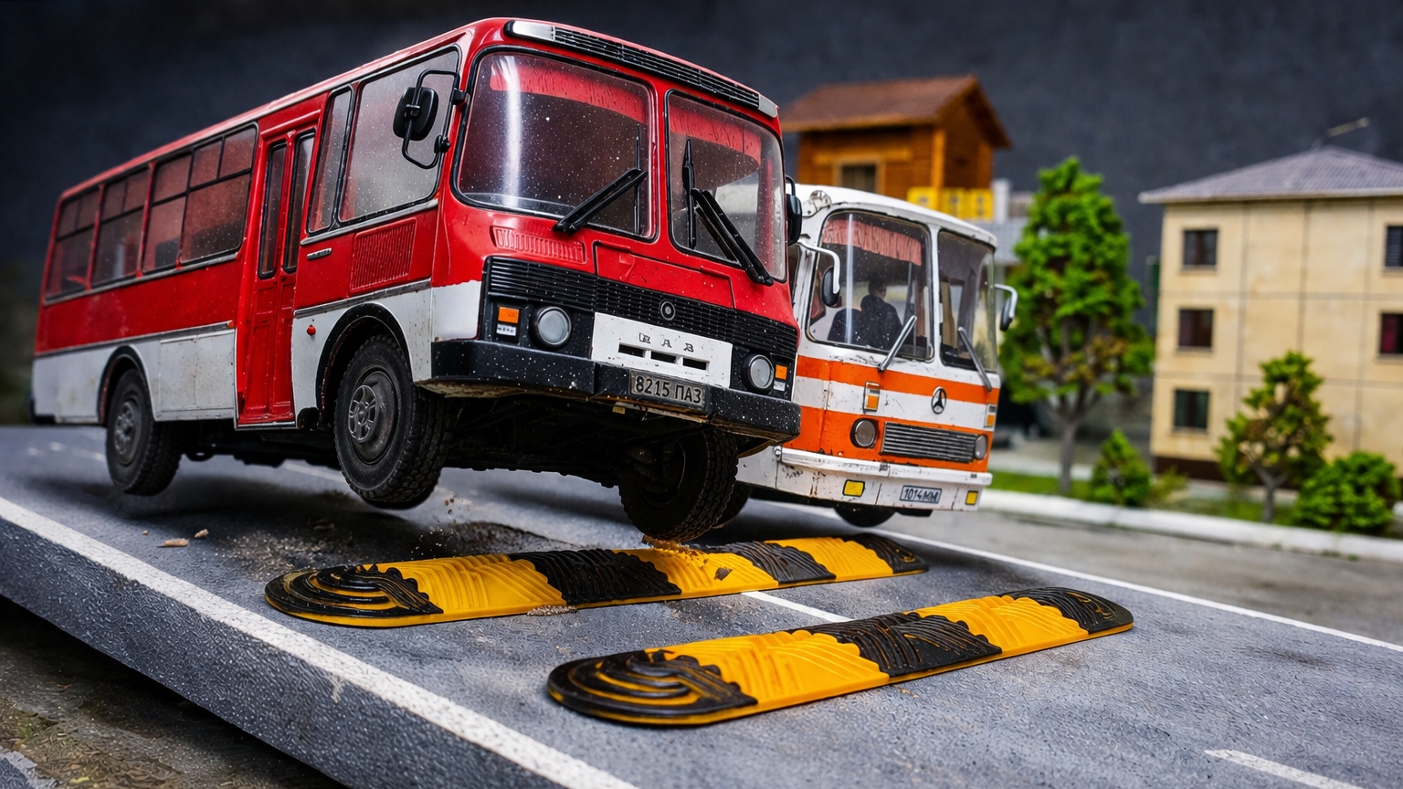 Автобусы проезжают ДВА лежачих полицейских. Кто застрянет? Про машинки