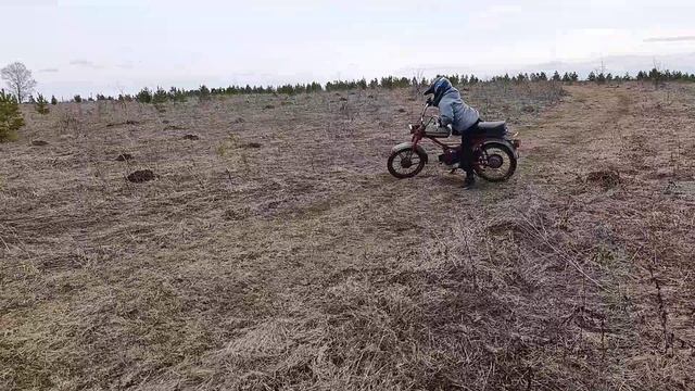 Советский мопед Рига-22, переделанный на двигатель от мотокоса и увеличенную тягу, большая звезда