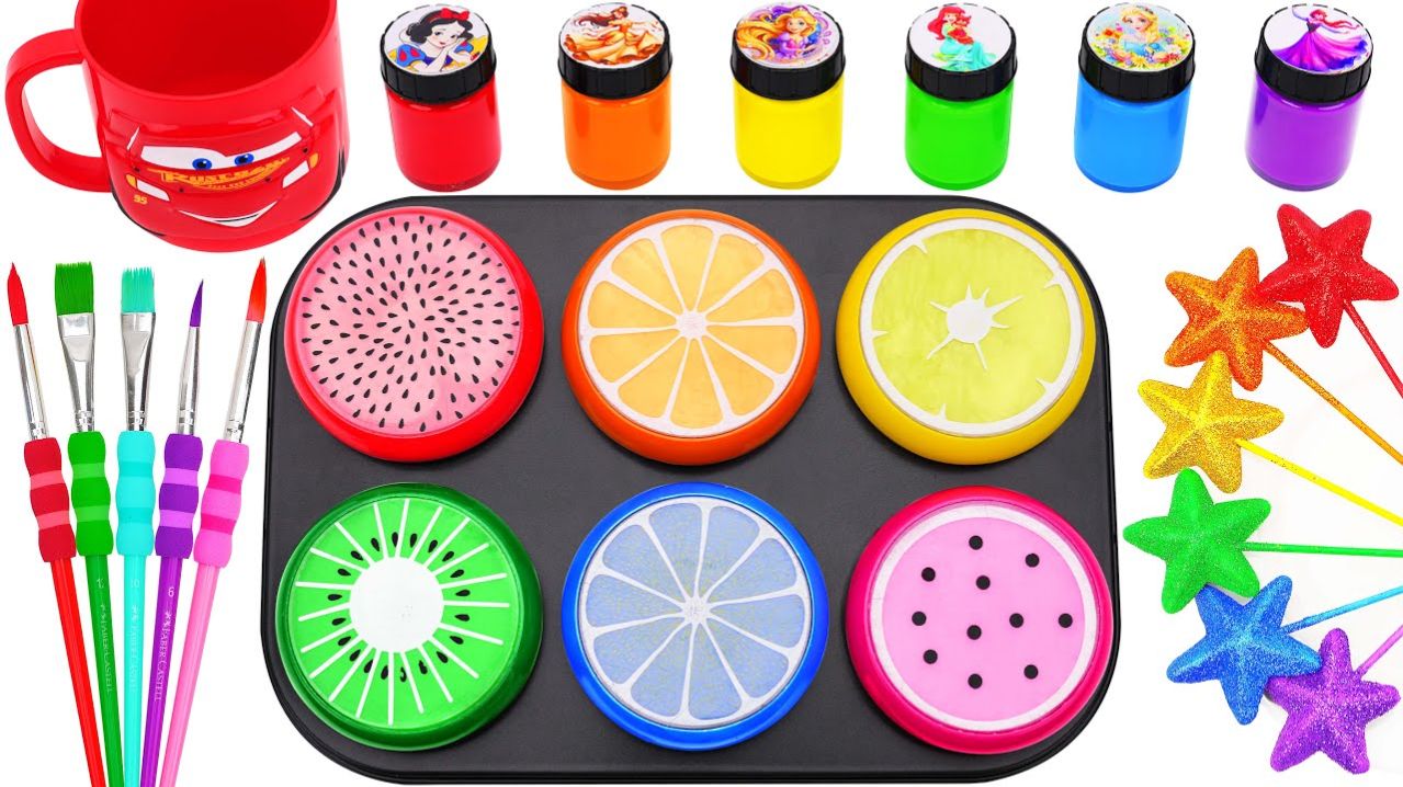 Как сделать фрукты из слайма 6 цветов с радужными леденцами-звёздами: нарезка ASMR