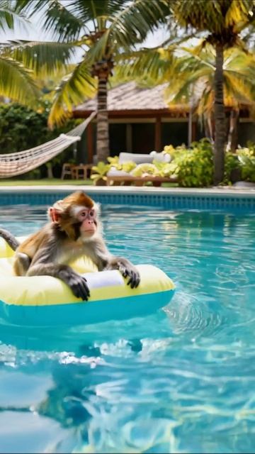 Обезьяна на надувном матрасе в бассейне #приключения #животные #лето