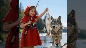 Красная шапочка и Серый волк ловят рыбу на реке