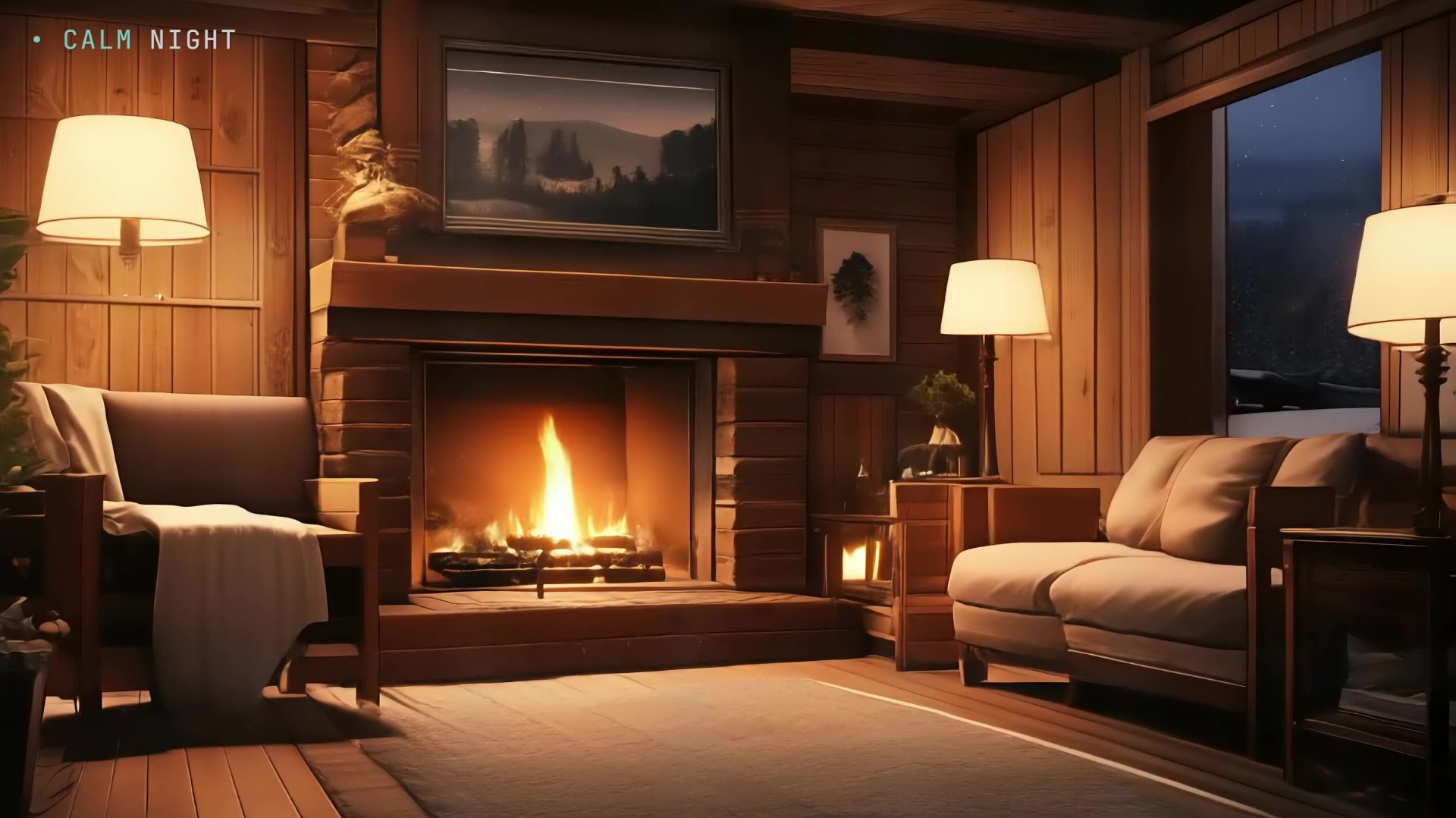 Пламя в камине ночью — уютная фоновая анимация