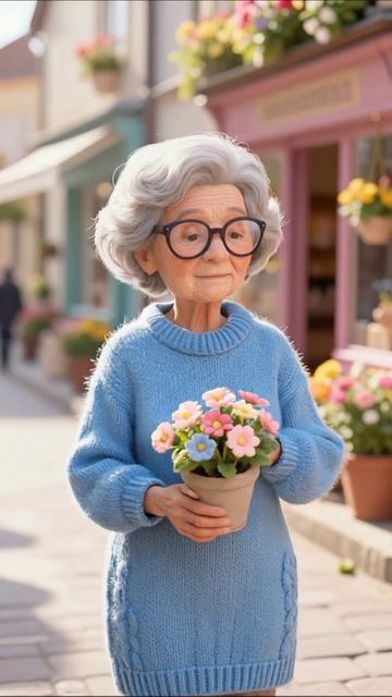 Милая бабушка с цветами в руках #бабушка #цветы #анимация