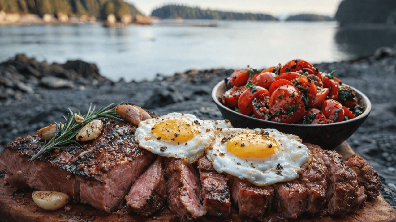 Вкус Аляски: стейк с розмарином и яйца под шум волн 🏕️🥩🍳🍅