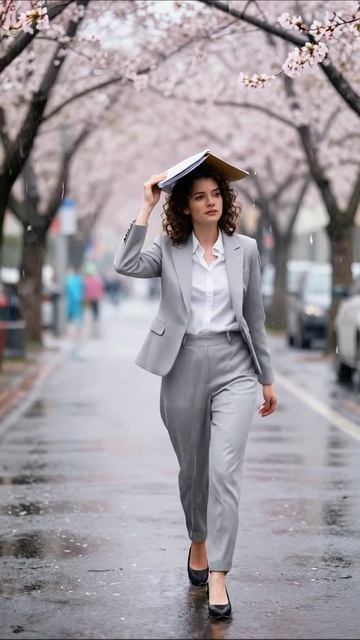 Современная женщина в деловом стиле под цветущими вишнями #мода #деловойстиль #вдохновение