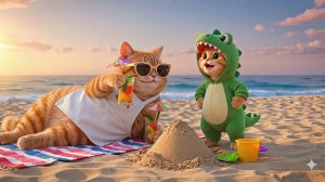 Кошачья история | Первый день рыжего котёнка на пляже вместе с мамой-кошкой