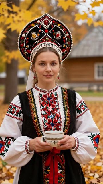 Русская красавица в национальном костюме с чашкой чая #русскаякультура #фольклор #красота