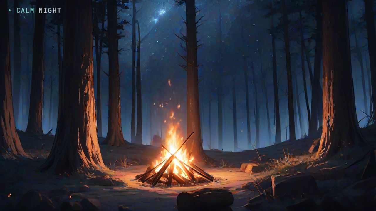 Свет костра в лесу — уютная анимация для сна