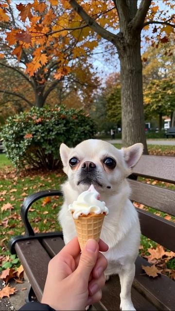 Собака наслаждается мороженым в парке #собака #мороженое #осень
