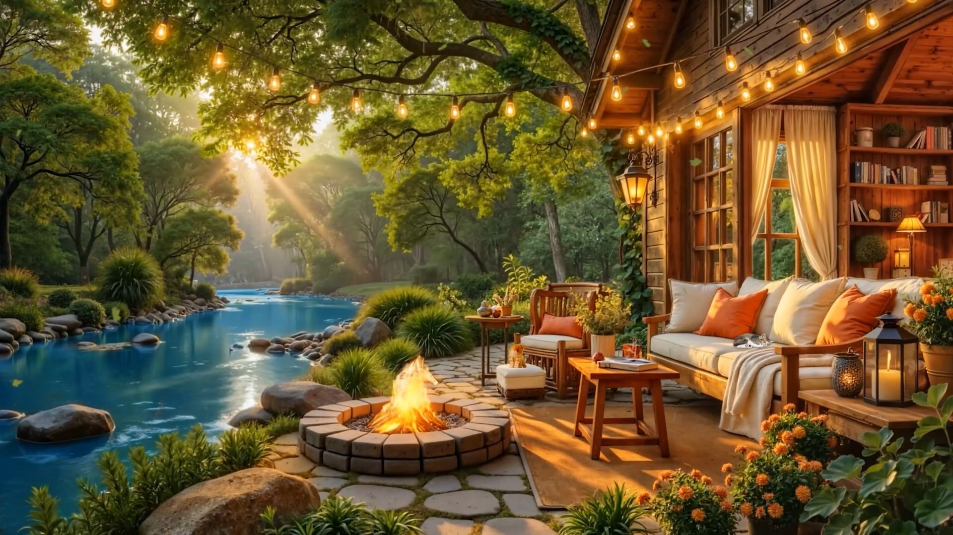 Треск Костра и Джаз у Лесной Реки | Уютный Вечер у Домика для Отдыха