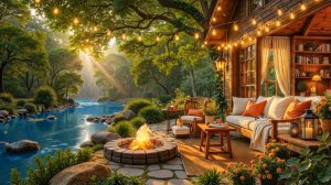 Треск Костра и Джаз у Лесной Реки | Уютный Вечер у Домика для Отдыха