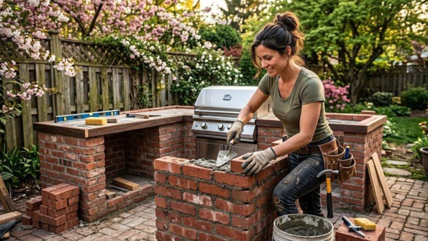 Девушка построила себе кухню, от начала до конца.