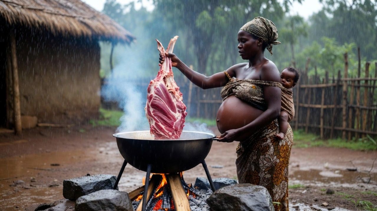 Дождливый день в африканской деревне. Готовим плов из целой говяжьей ноги на открытом огне 🔥🥩🍚