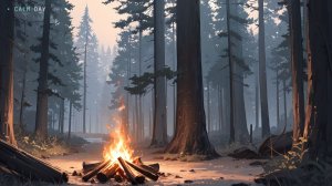 Костёр в сосновом лесу — уютная фоновая анимация