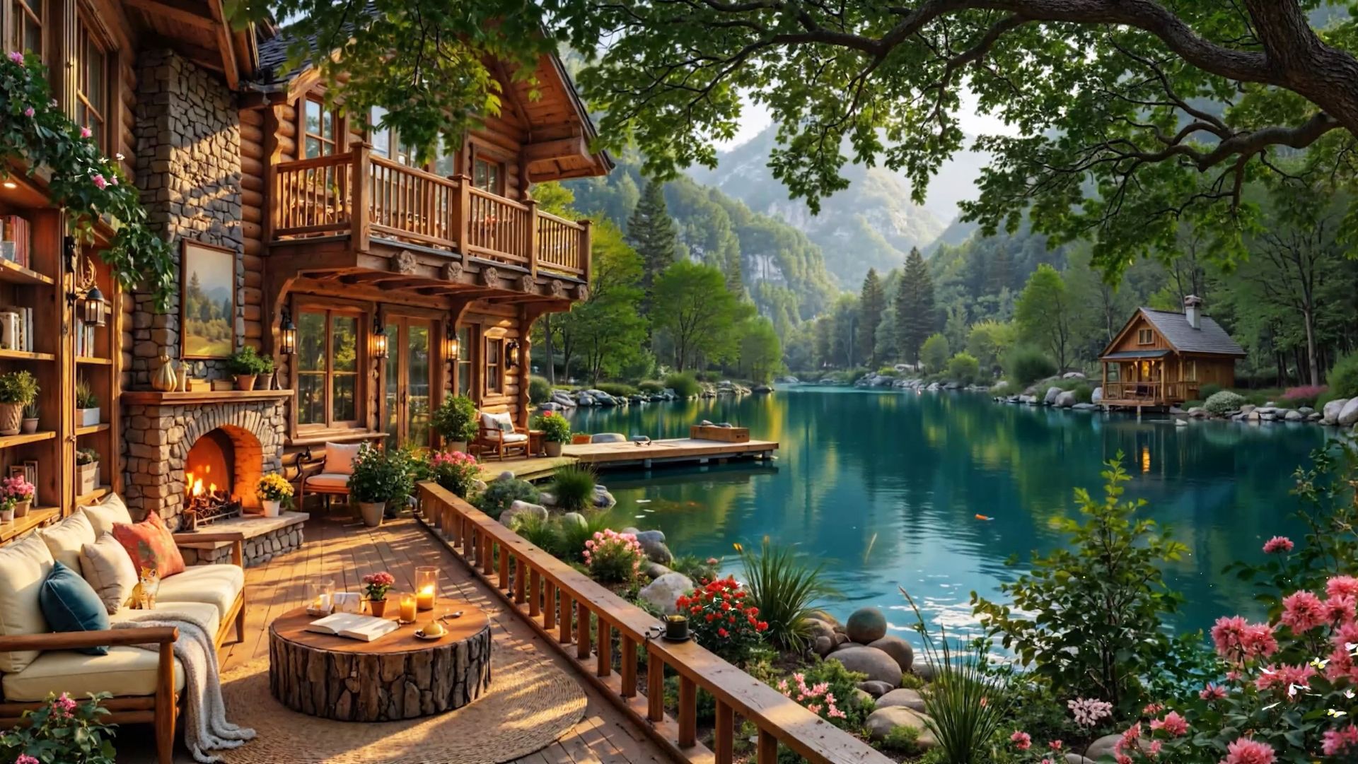 Камин у Озера с Джазом | Уютный Домик и Спокойная Атмосфера для Расслабления