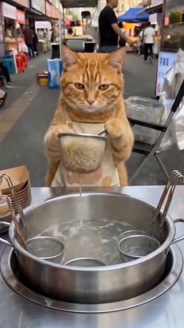 Котик готовит уличную еду