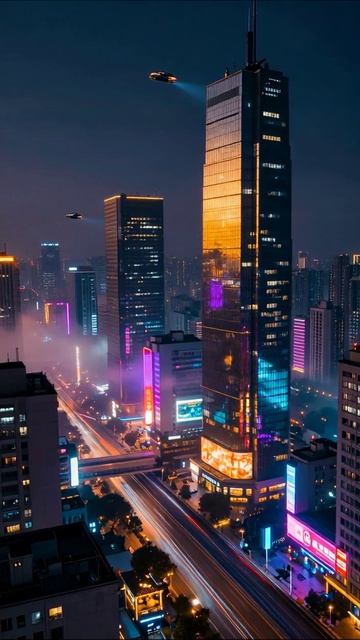 Ночной город будущего: космические машины над высотками #город #будущее #космос