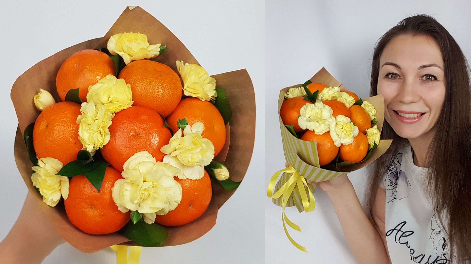 Яркий букет из мандаринов и цветов. DIY идея
