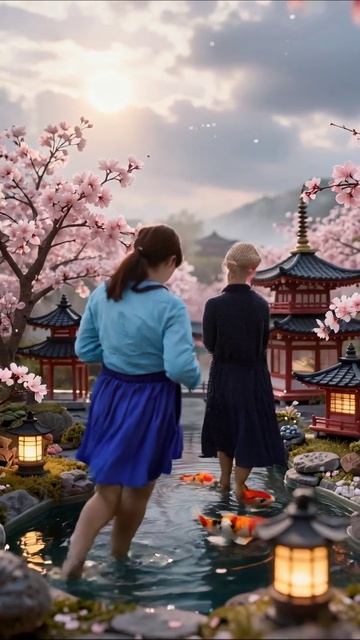 Сакура и карпы: волшебство японского пейзажа #сакура #япония #природа