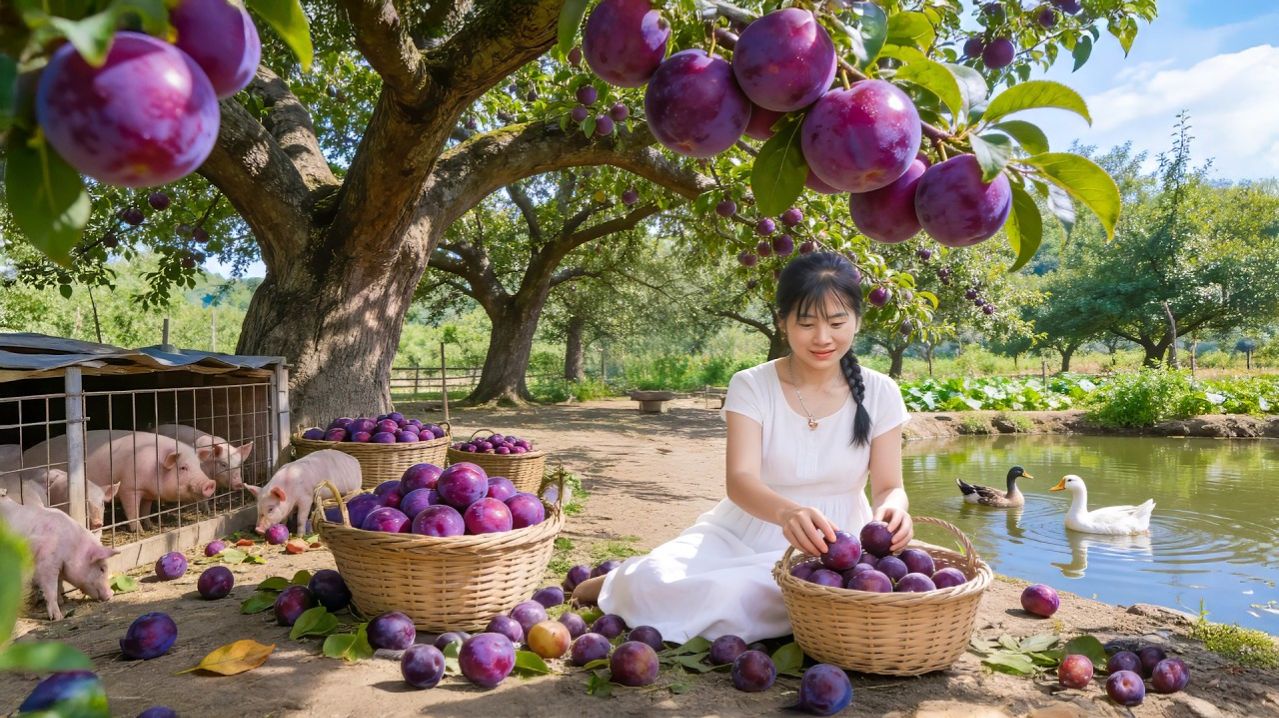 Собираю много слив и тыкв на ферме, используйте грузовики для перевозки урожая на деревенский рынок.