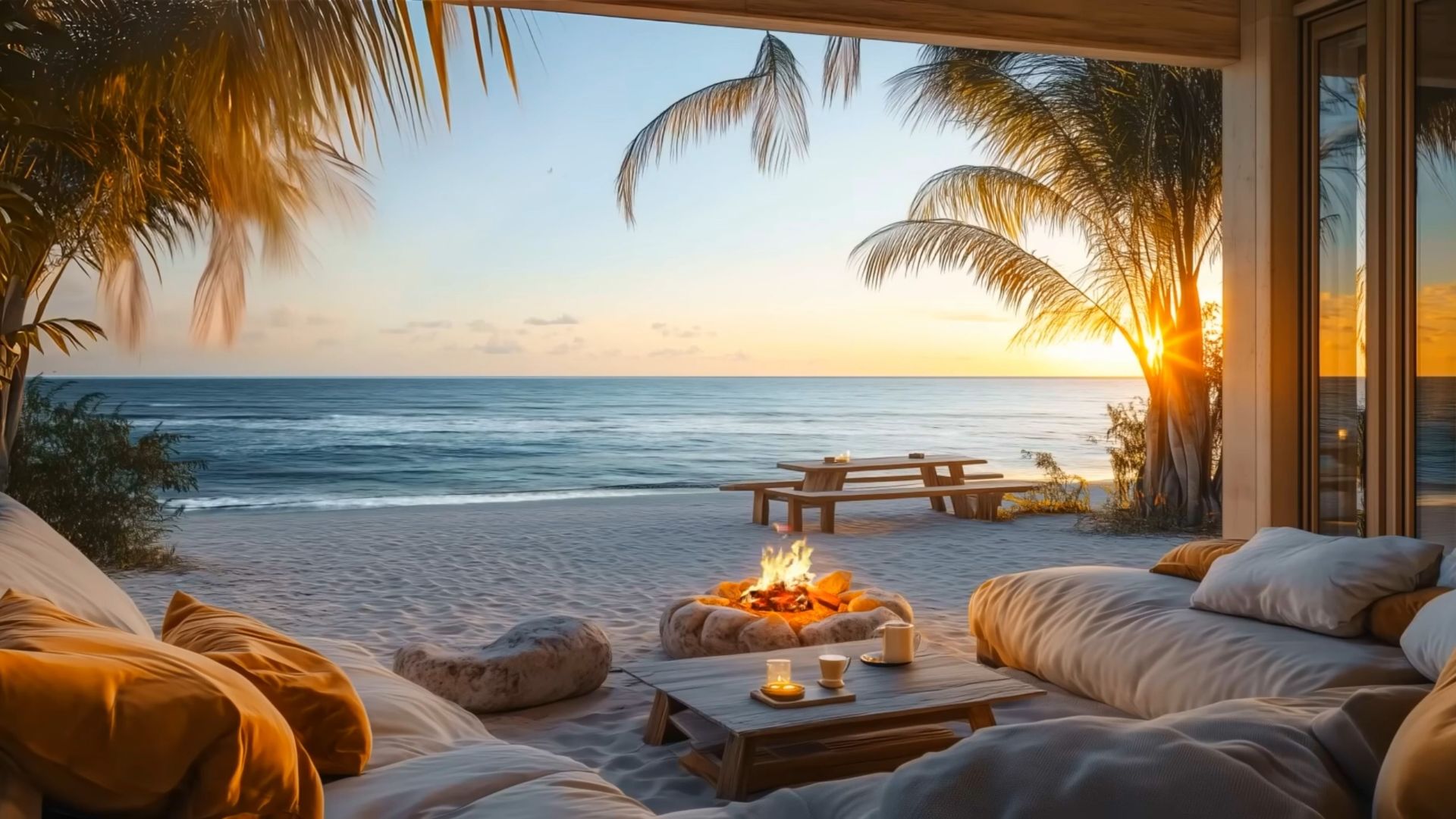 Дневной Джаз у Моря | Уютный Отдых с Шумом Волн и Костром