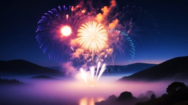 Волшебные фейерверки над туманным озером в горах! Магия ночи и красок. 🎆✨