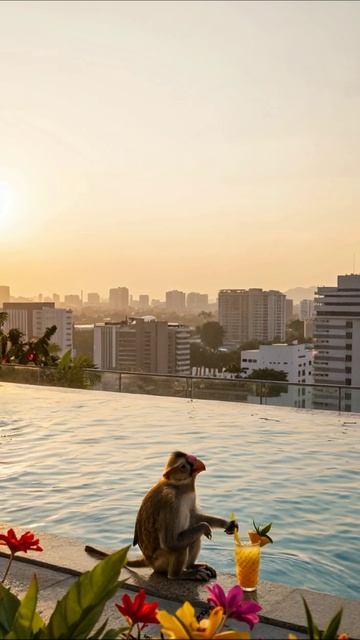 Обезьяна у бассейна на закате #животные #отдых #природа