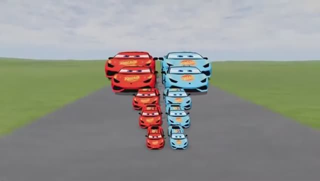 Мультики для детей про машинки . Красные и синие машинки разного размера соревнуются между собой .