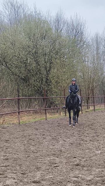 Оксана Новикова и Дольче Вита, галоп на плацу пасмурным днем.