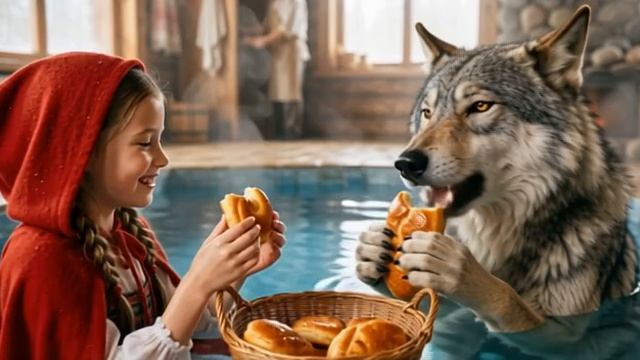 Красная шапочка и Серый волк сидят в бассейне